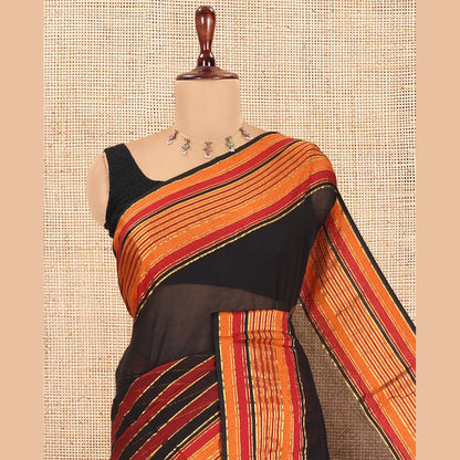 Pothys Black Striped Khadi Mul Cotton Saree, a Contrast Zari Striped Horizontal Border, and No Blouse