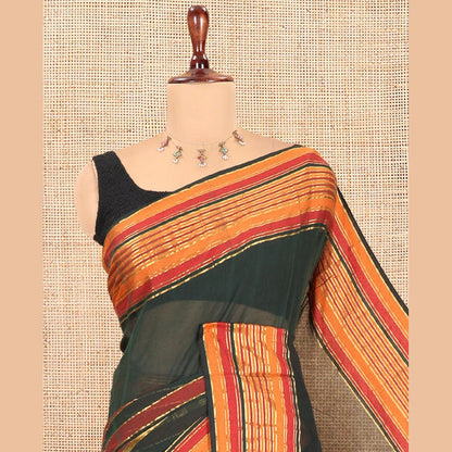 Pothys Green Striped Khadi Mul Cotton Saree, a Contrast Zari Striped Horizontal Border, and No Blouse