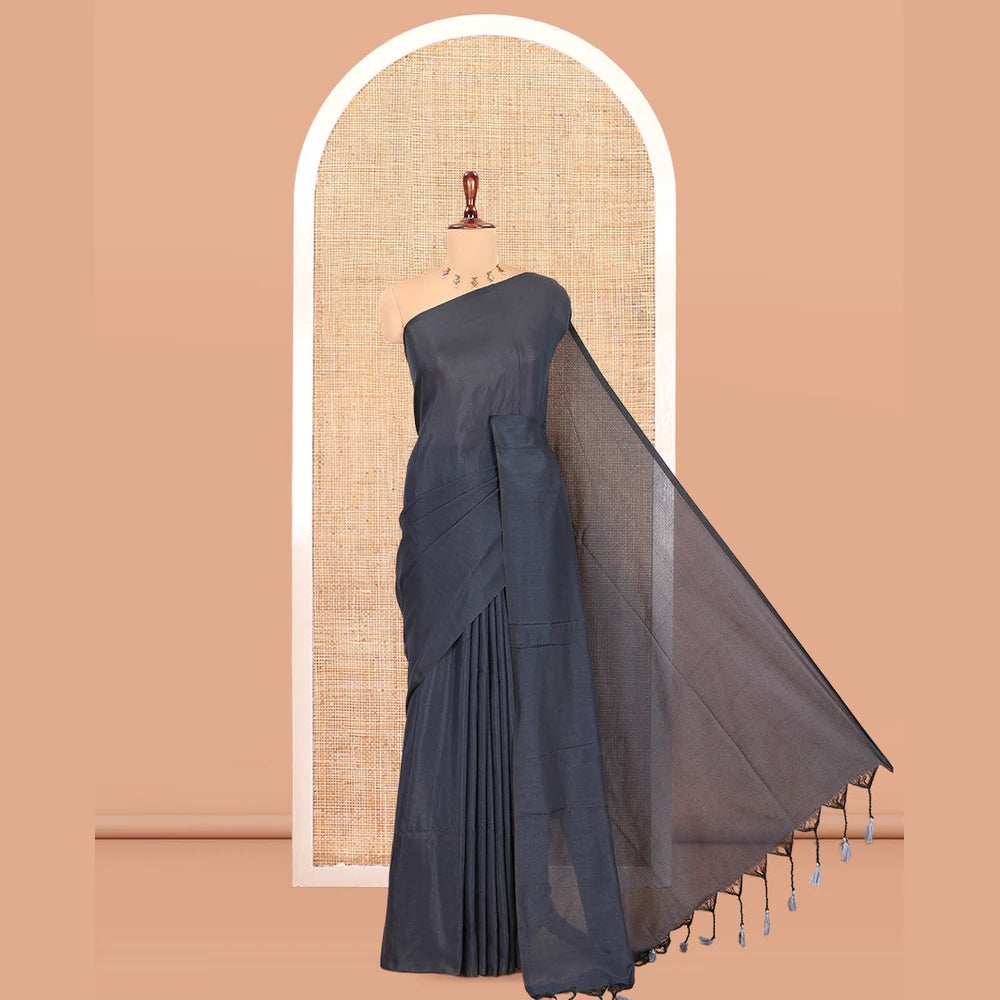 Pothys Borderless Grey Plain Khadi Cotton Saree