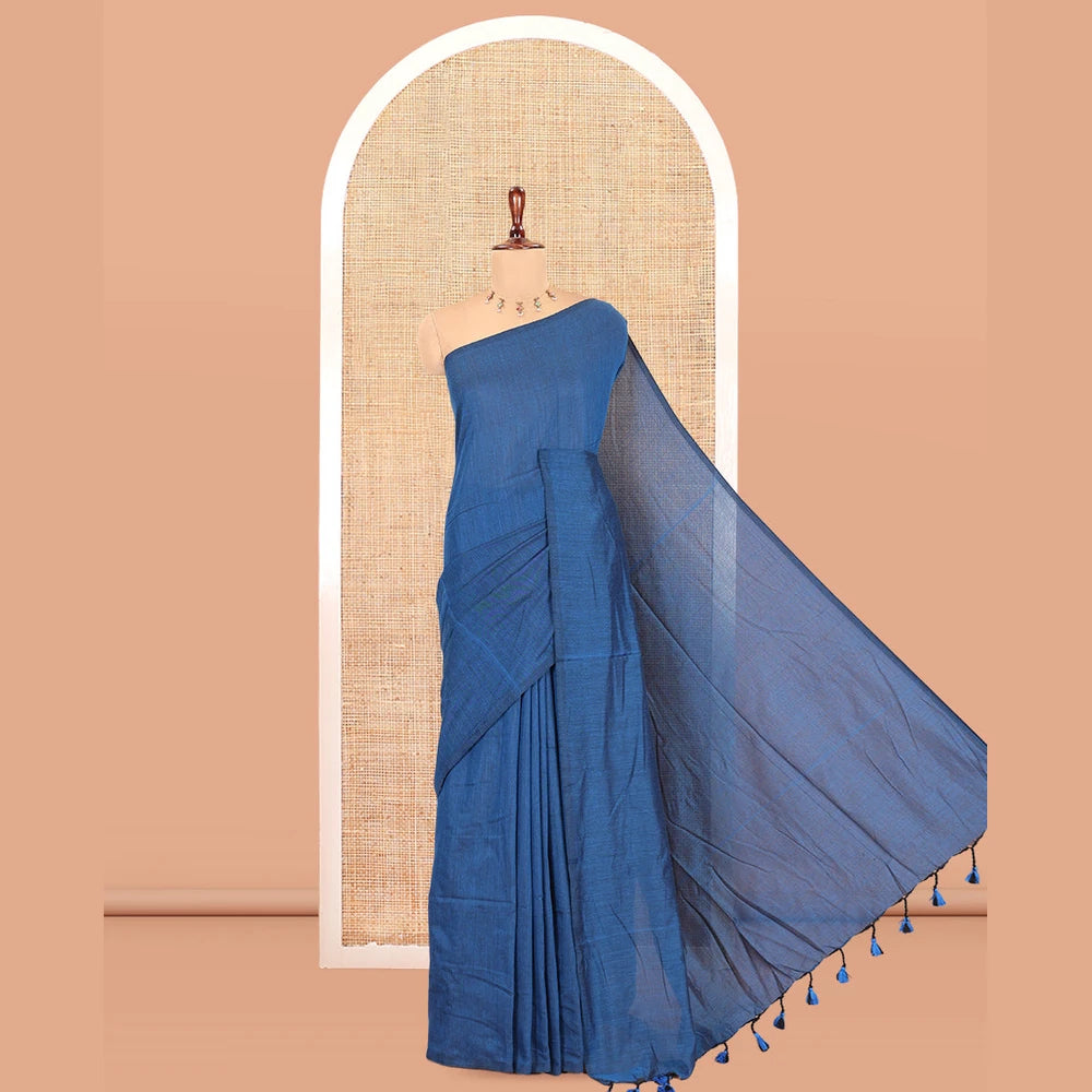 Pothys Borderless Blue Plain Khadi Cotton Saree