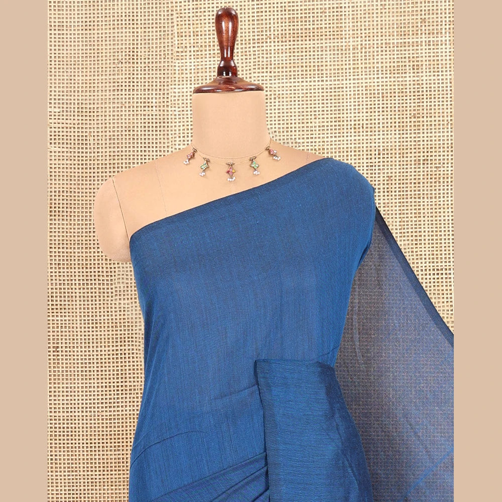 Pothys Borderless Blue Plain Khadi Cotton Saree