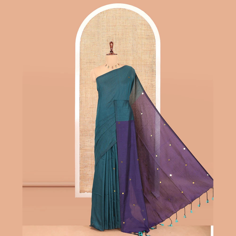 Pothys Borderless Peacock Green-Dark Violet Khadi Cotton Saree