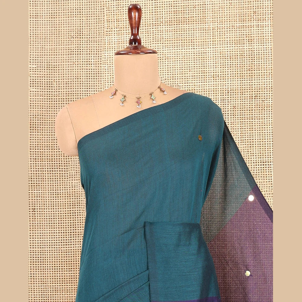 Pothys Borderless Peacock Green-Dark Violet Khadi Cotton Saree