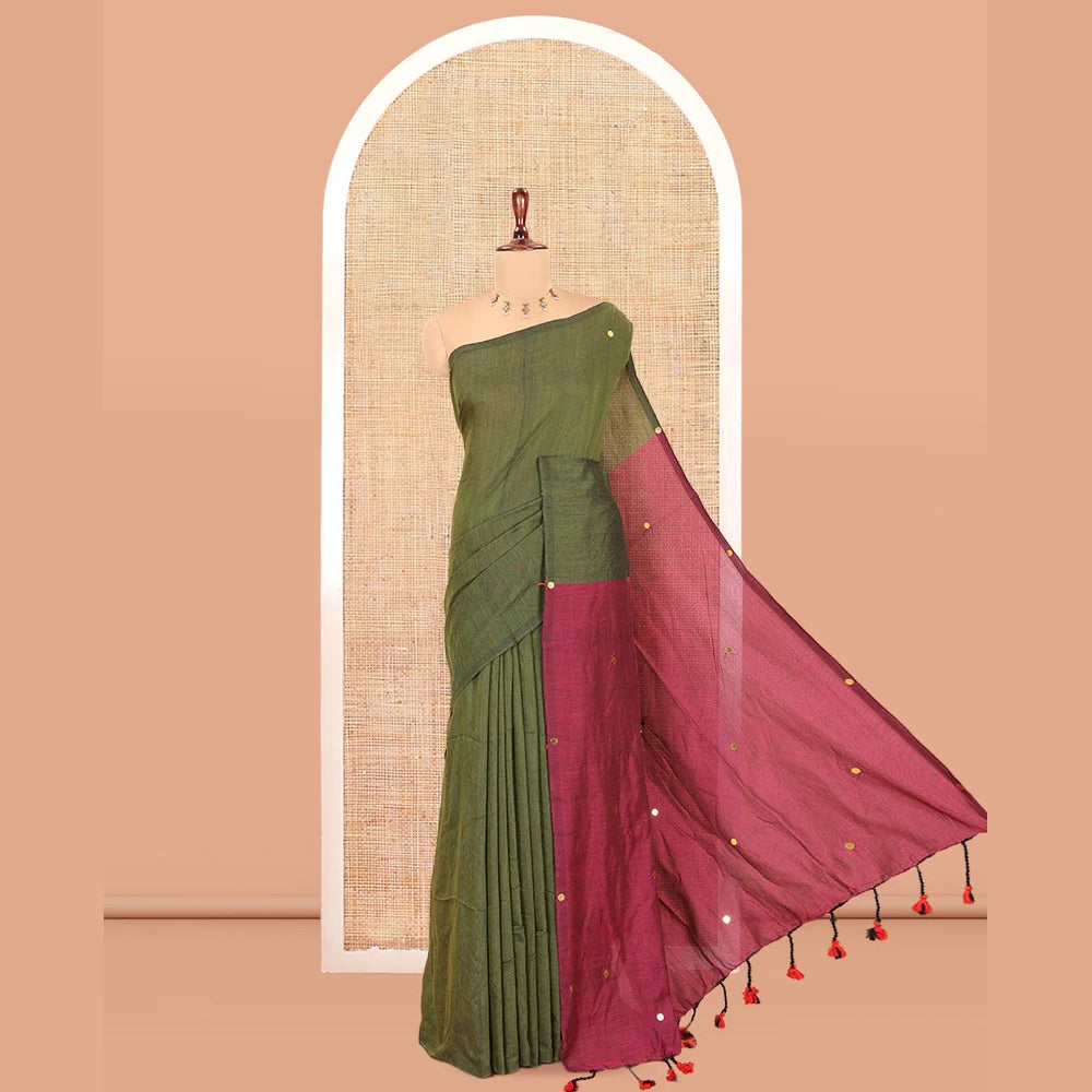 Pothys Borderless Olive Green Khadi Cotton Saree