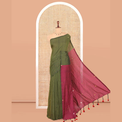 Pothys Borderless Olive Green Khadi Cotton Saree