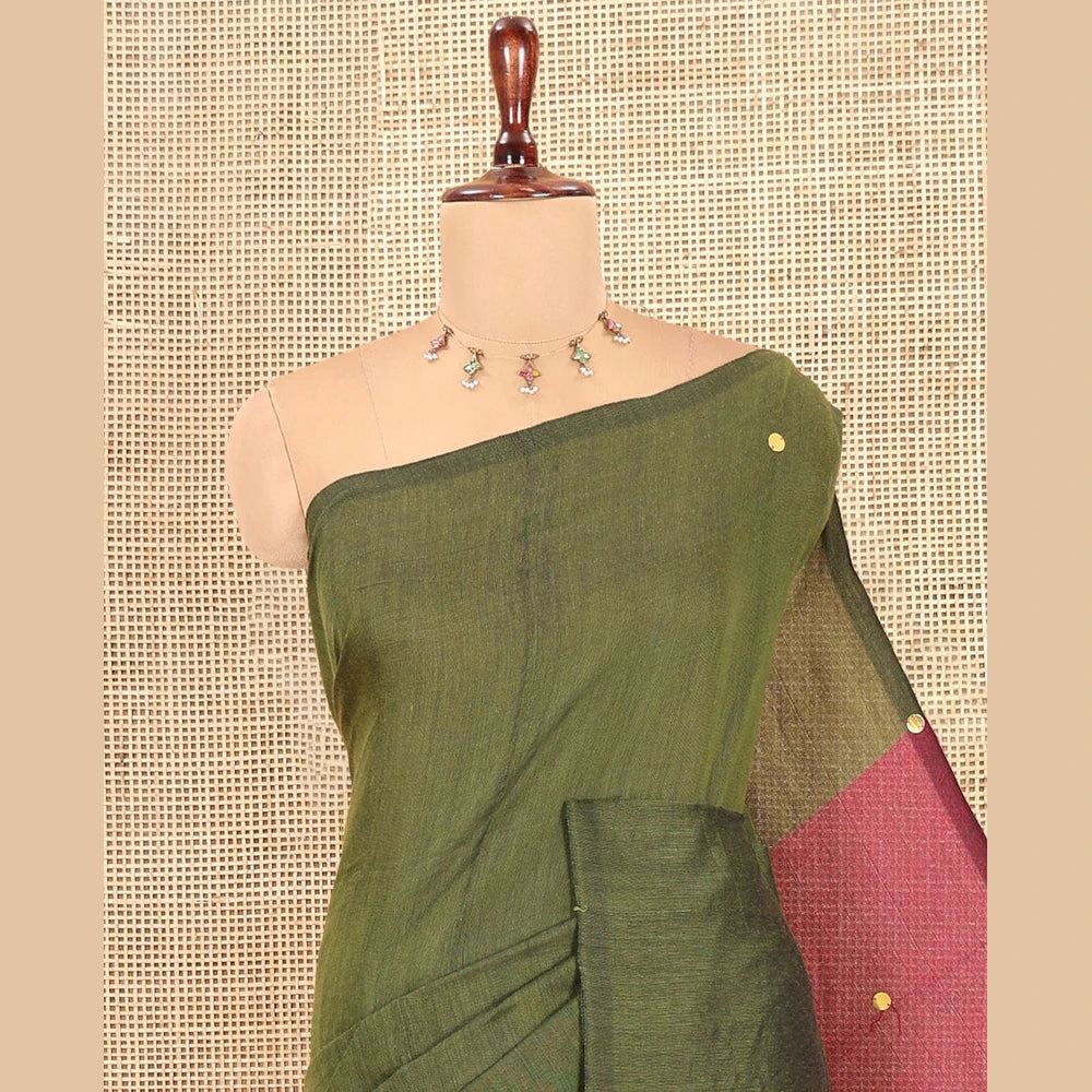 Pothys Borderless Olive Green Khadi Cotton Saree