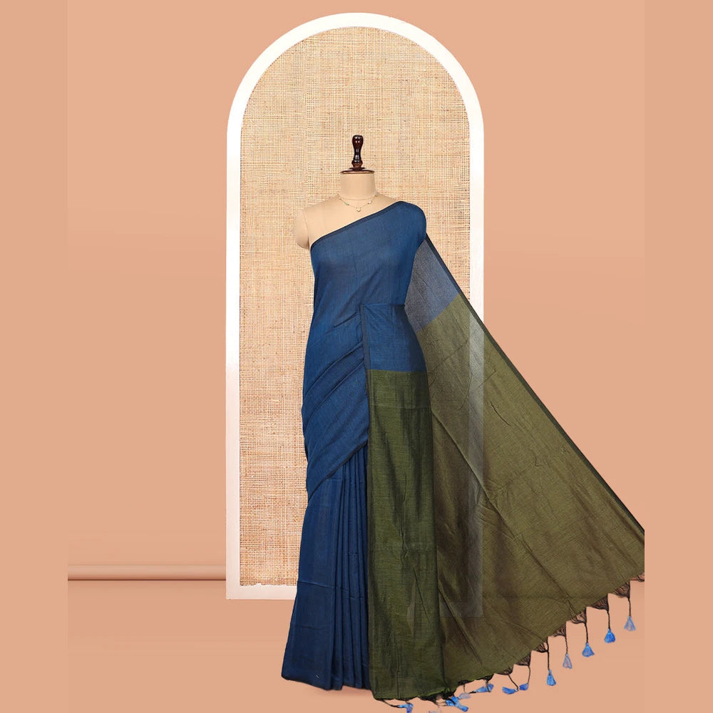 Pothys Borderless Blue Plain Design Khadi Cotton Saree