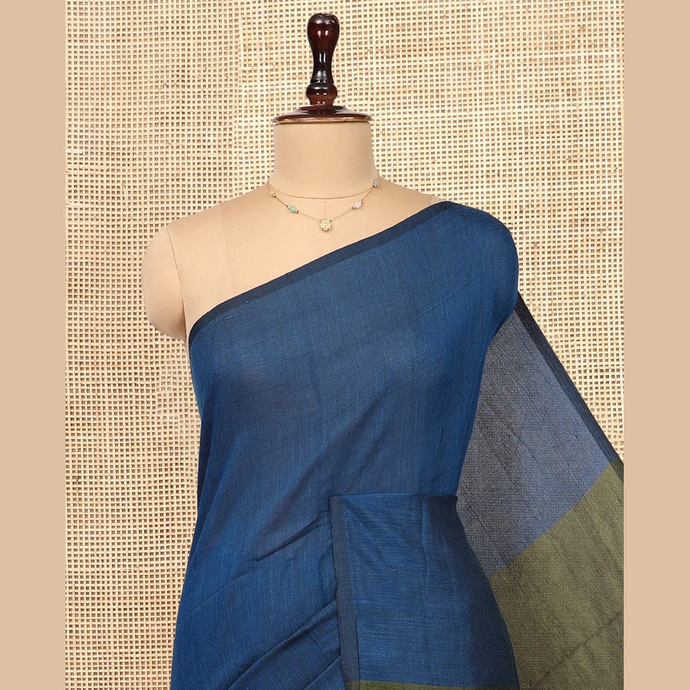 Pothys Borderless Blue Plain Design Khadi Cotton Saree