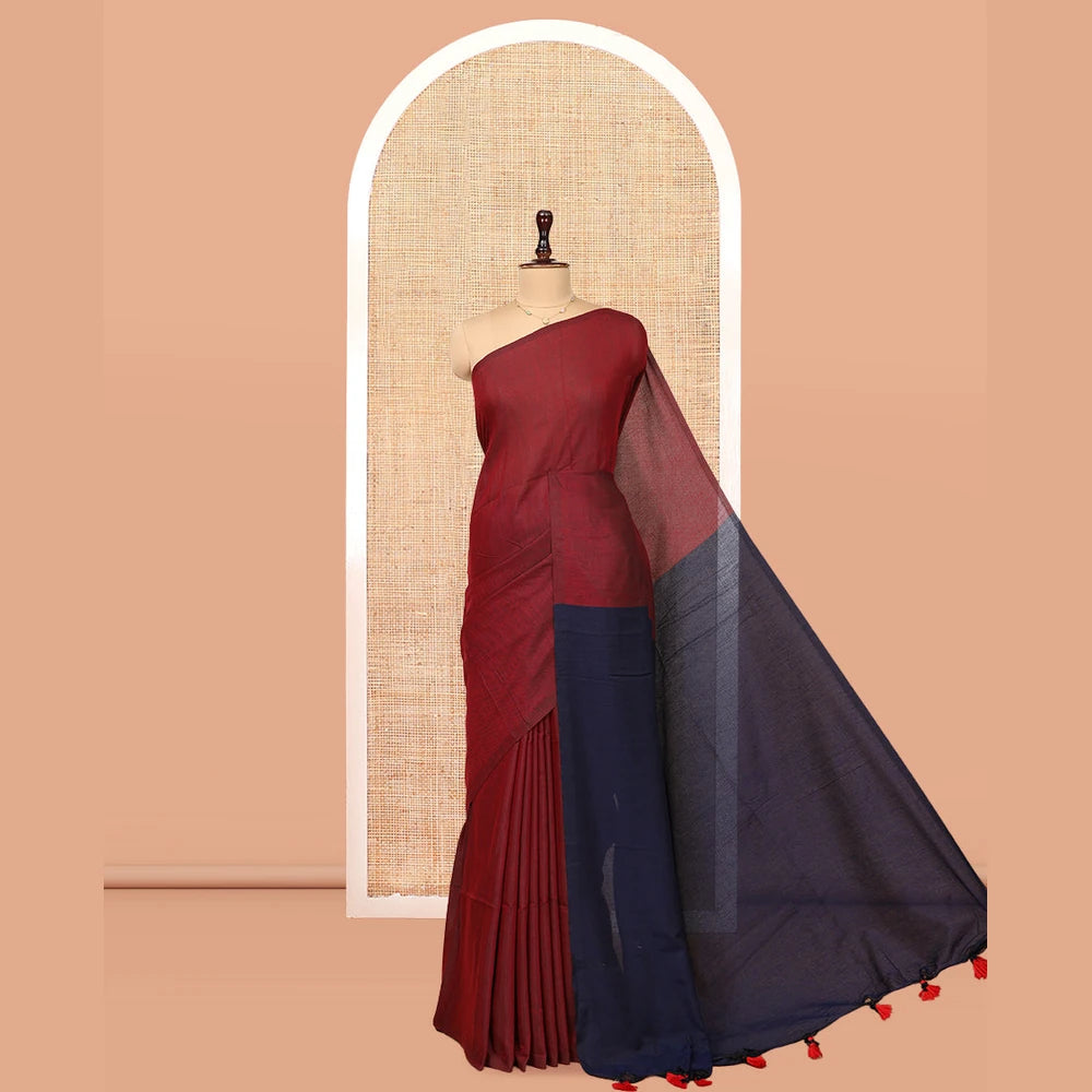 Pothys Borderless Maroon Plain Design Khadi Cotton Saree