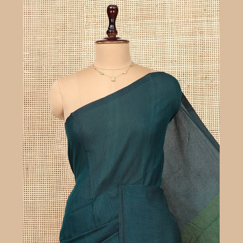 Pothys Borderless Peacock Green Plain Design Khadi Cotton Saree