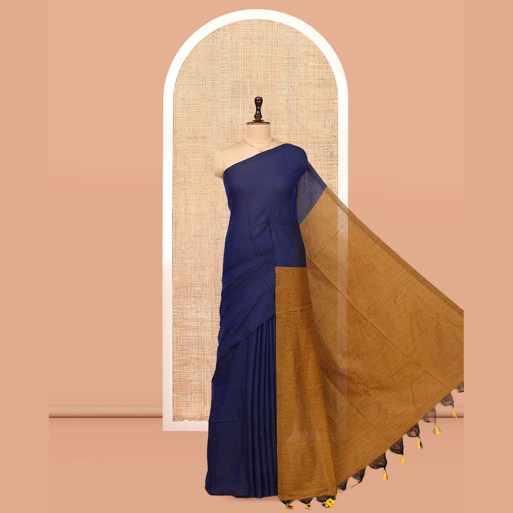 Pothys Borderless Royal Blue-Mustard Plain Design Khadi Cotton Saree
