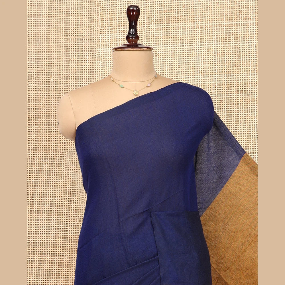 Pothys Borderless Royal Blue-Mustard Plain Design Khadi Cotton Saree