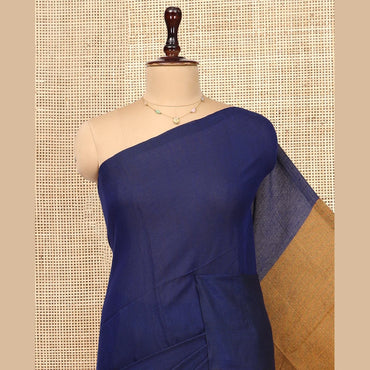 Pothys Borderless Royal Blue-Mustard Plain Design Khadi Cotton Saree