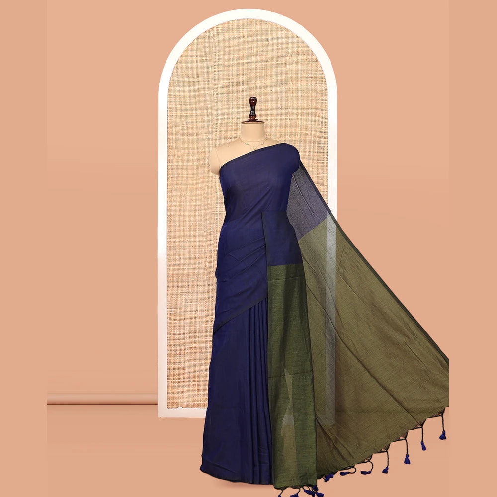 Pothys Borderless Royal Blue-Green Plain Design Khadi Cotton Saree