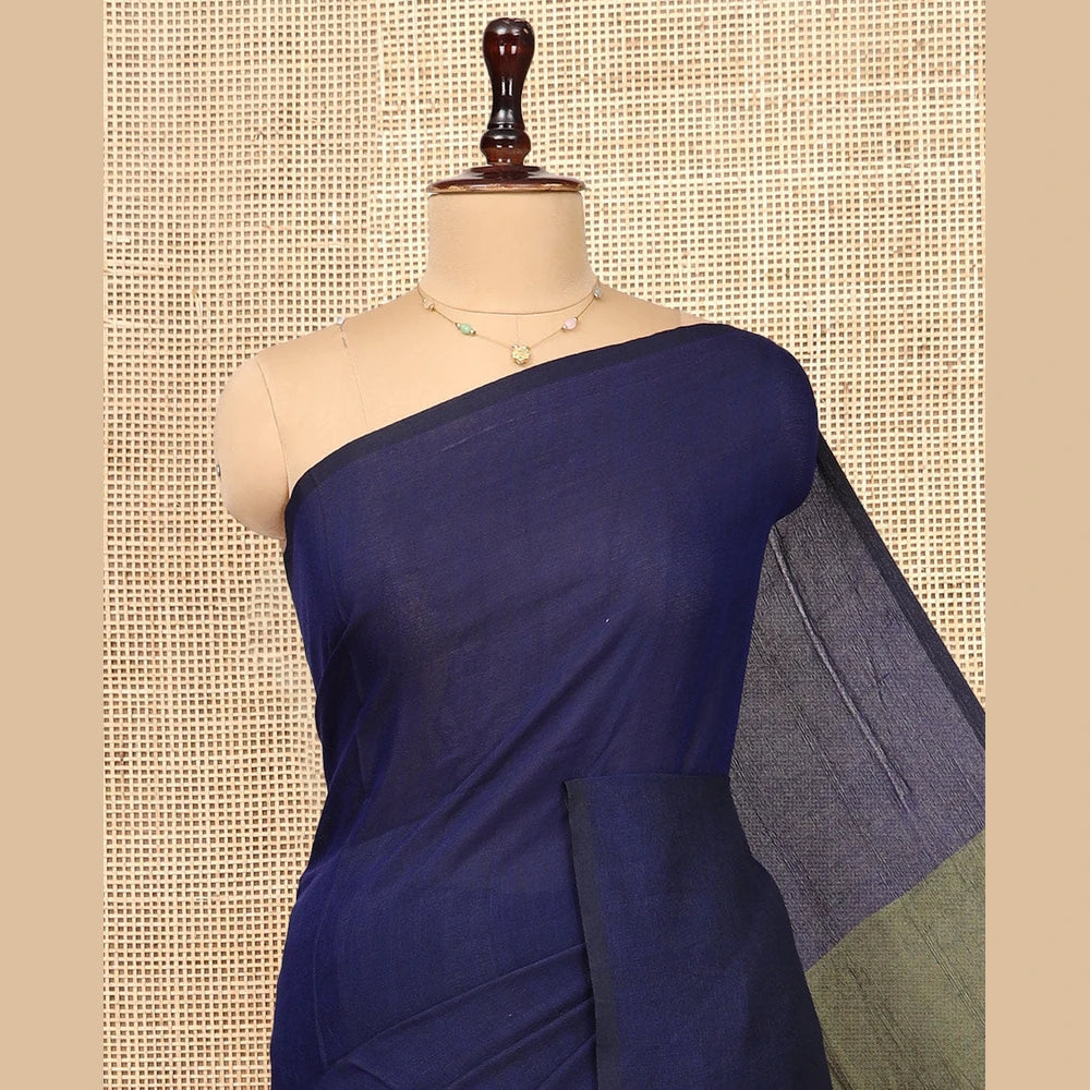 Pothys Borderless Royal Blue-Green Plain Design Khadi Cotton Saree