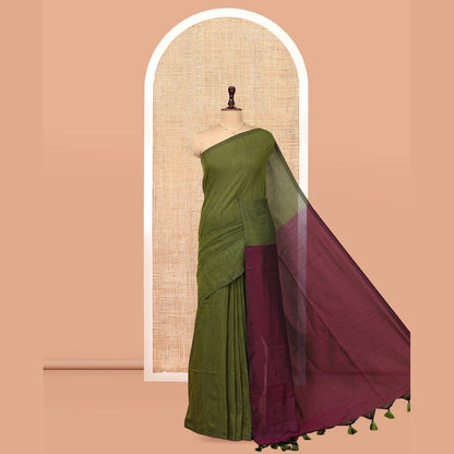Pothys Borderless Olive-Green Plain Design Khadi Cotton Saree