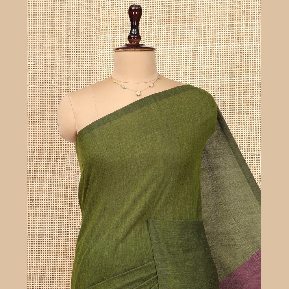 Pothys Borderless Olive-Green Plain Design Khadi Cotton Saree