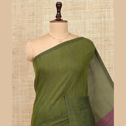 Pothys Borderless Olive-Green Plain Design Khadi Cotton Saree