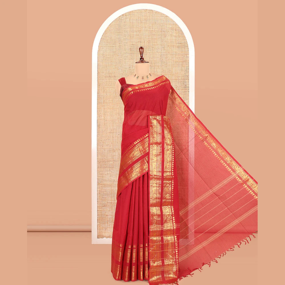 Pothys Red Plain Chettinad Cotton Saree