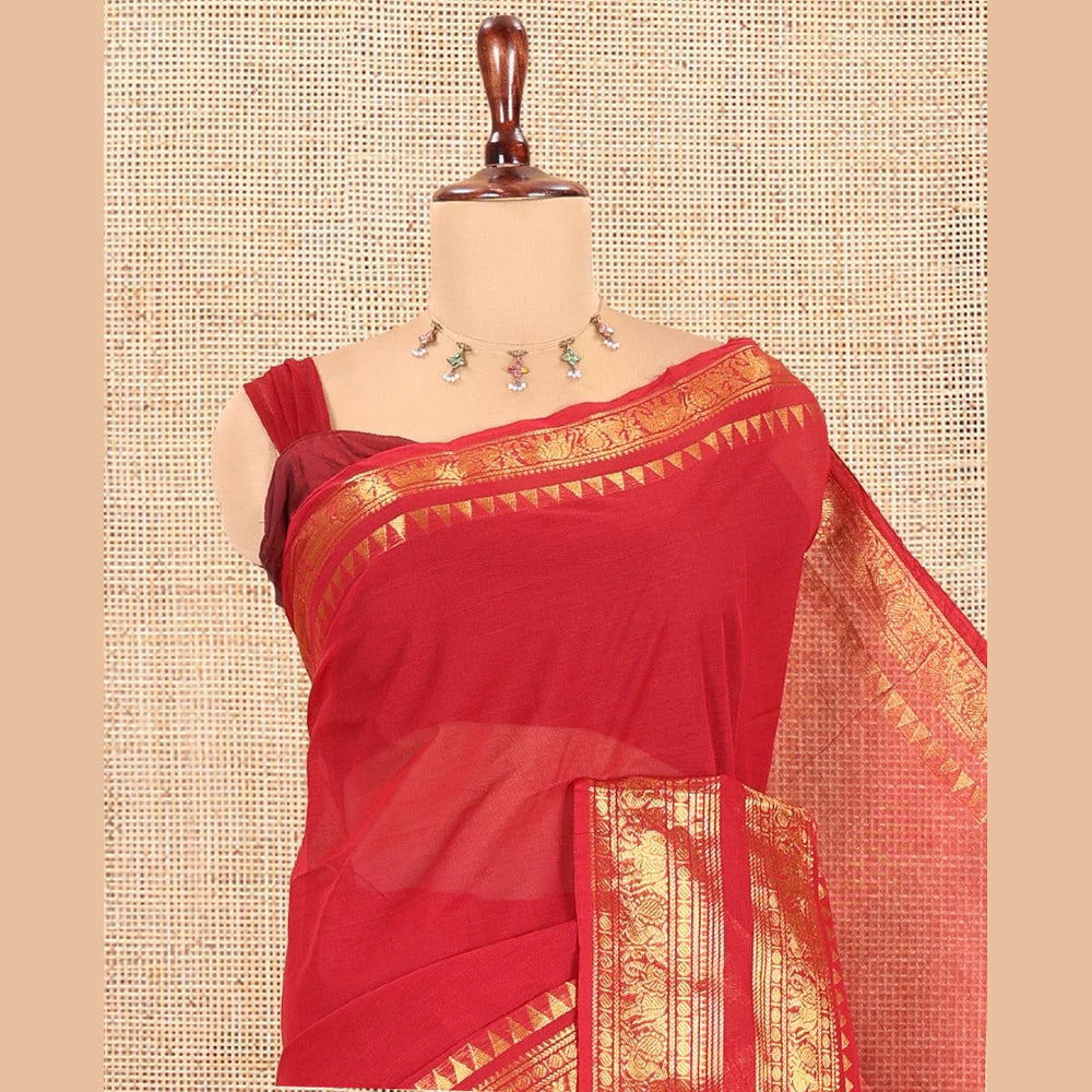 Pothys Red Plain Chettinad Cotton Saree