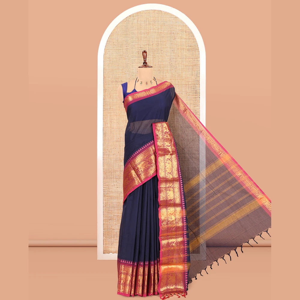 Pothys Navy Blue Blue Plain Chettinad Cotton Saree