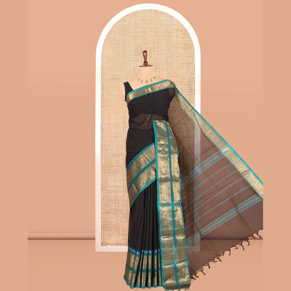 Pothys Black Plain Chettinad Cotton Saree