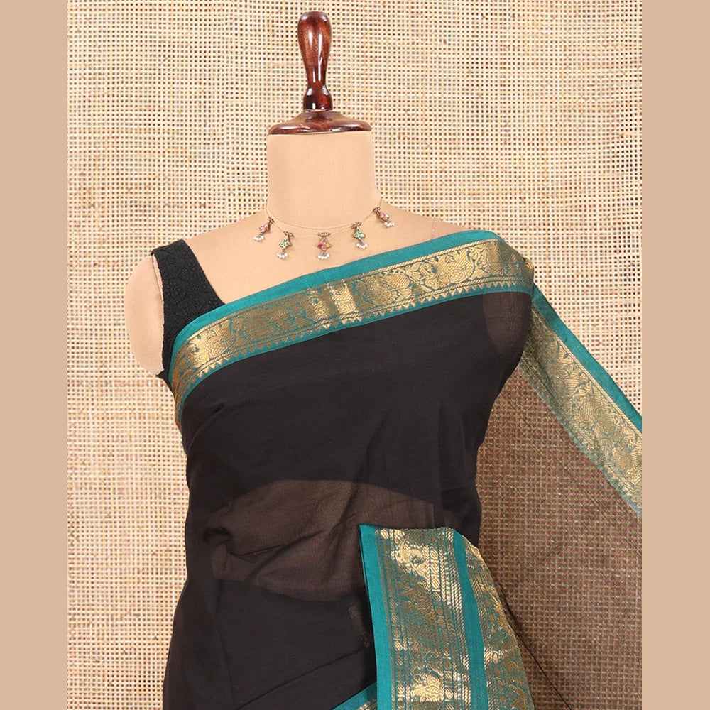 Pothys Black Plain Chettinad Cotton Saree