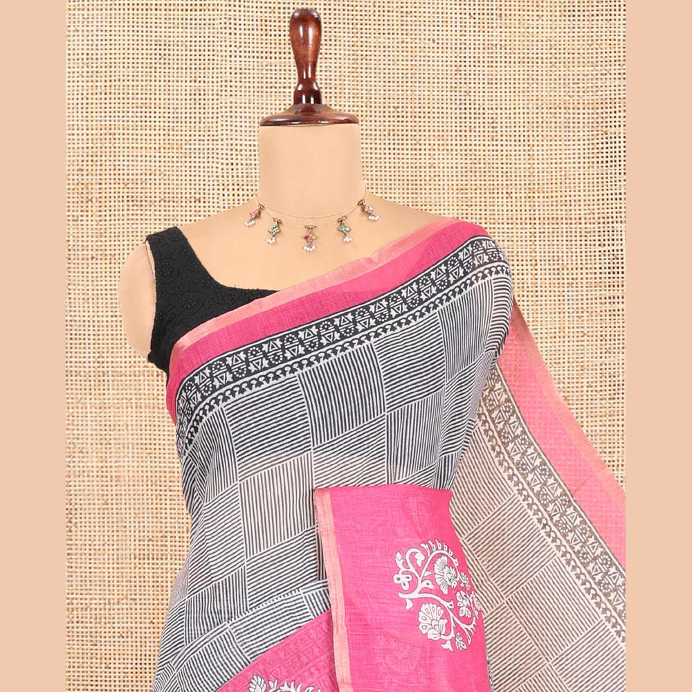 Pothys Black-Rani Pink Linen Cotton Saree