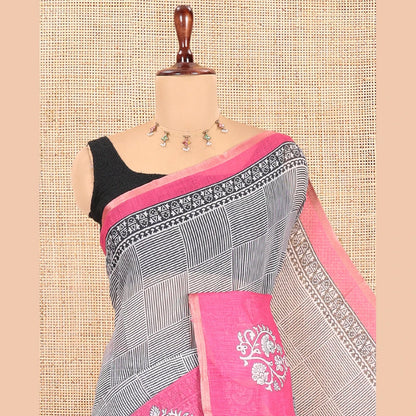 Pothys Black-Rani Pink Linen Cotton Saree