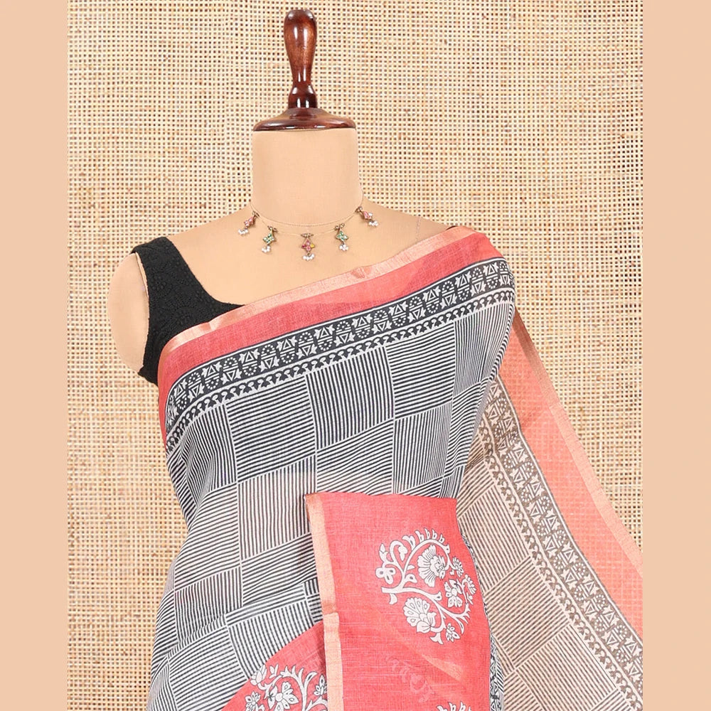 Pothys Black-Tomato Pink Linen Cotton Saree