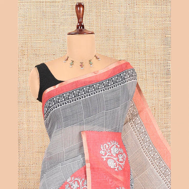 Pothys Black-Tomato Pink Linen Cotton Saree