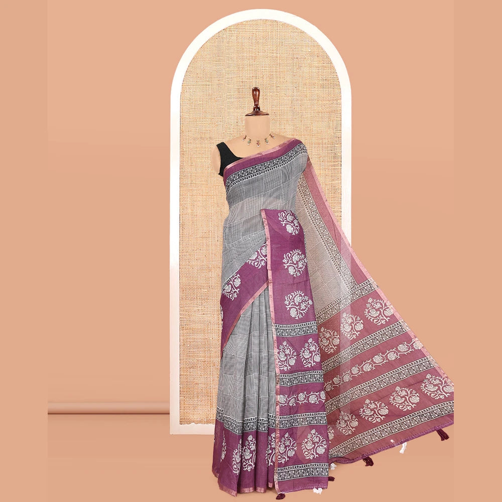 Pothys Black-Purple Linen Cotton Saree