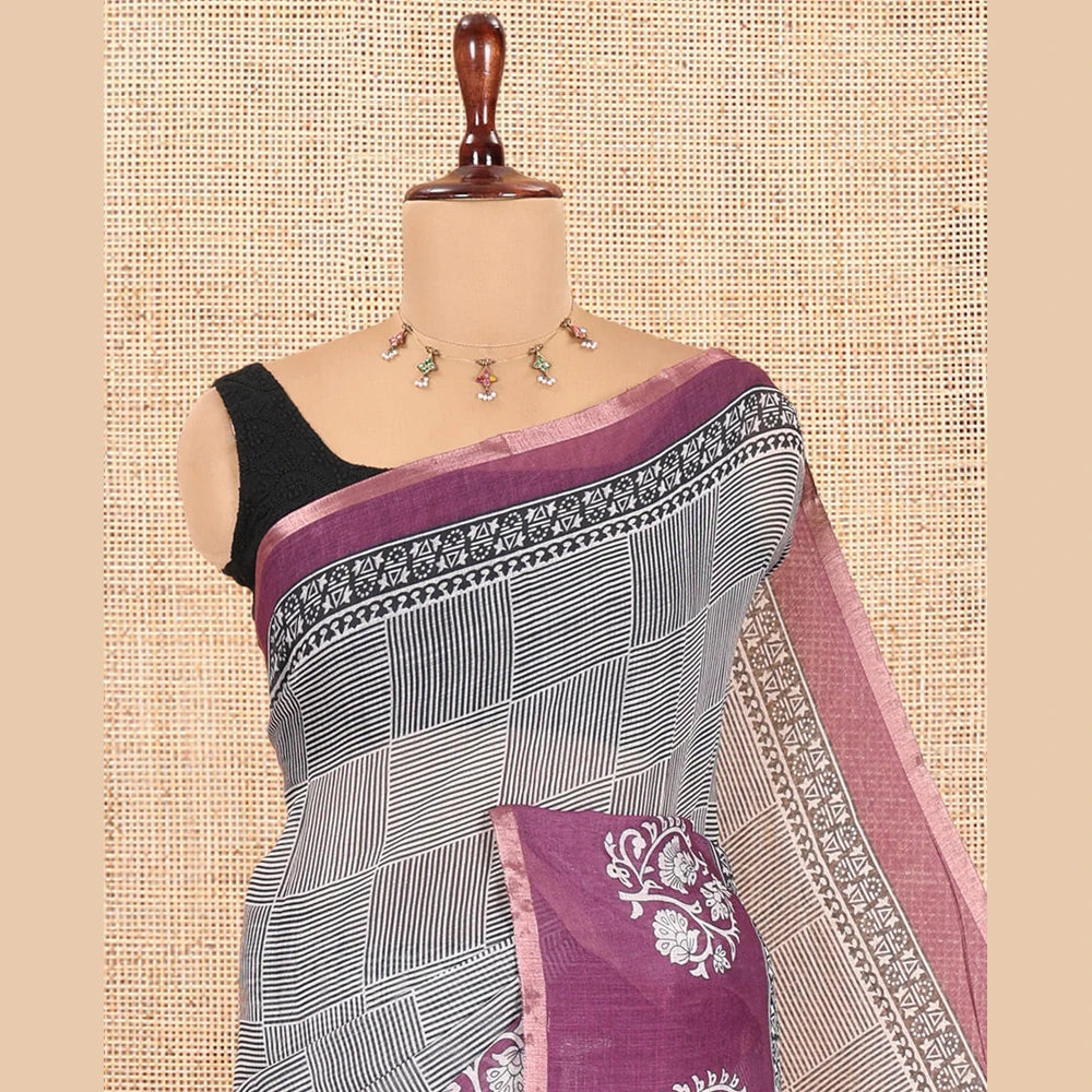 Pothys Black-Purple Linen Cotton Saree