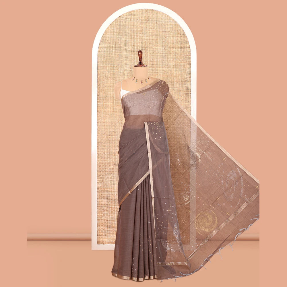 Pothys Brown Chanderi Cotton Saree With Zari Border