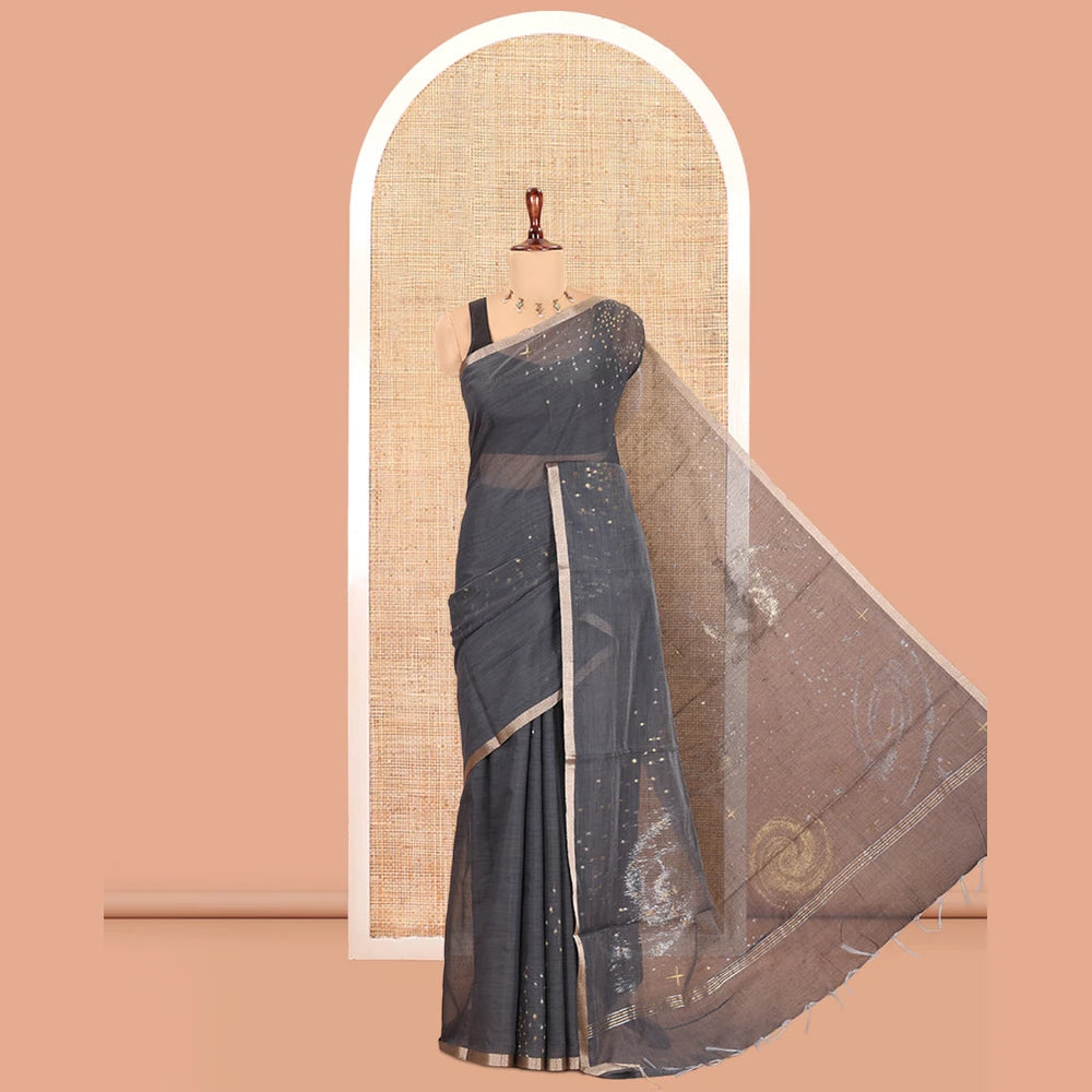Pothys Elephant Grey Chanderi Cotton Saree