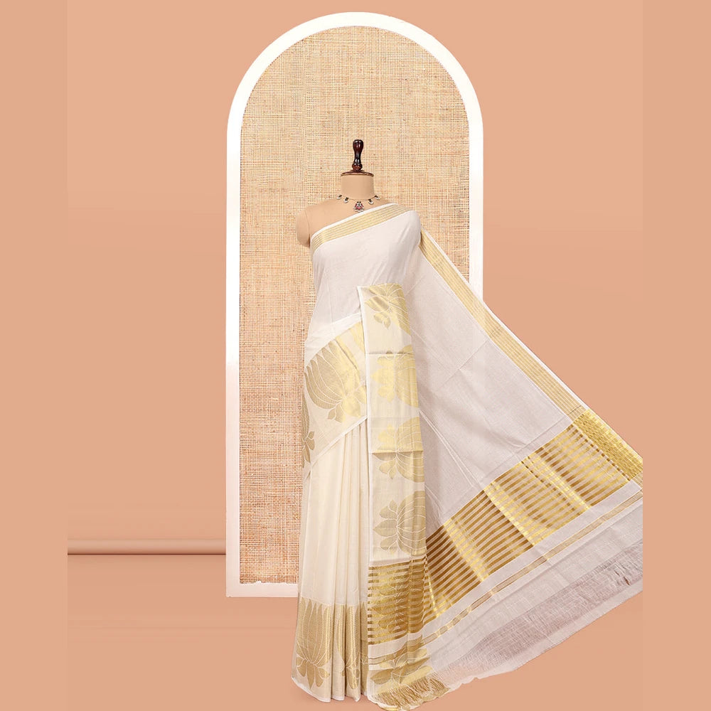 Pothys Cream Plain Kerala Cotton Saree