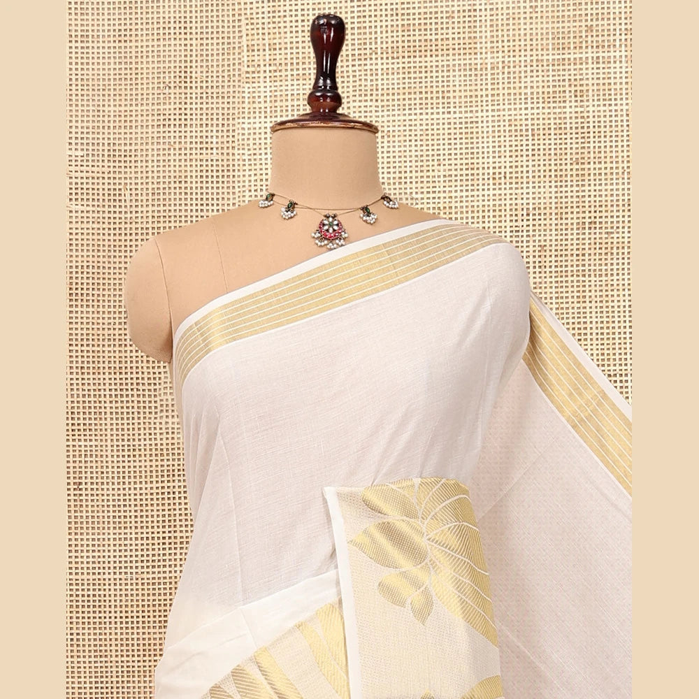 Pothys Cream Plain Kerala Cotton Saree