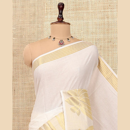 Pothys Cream Plain Kerala Cotton Saree