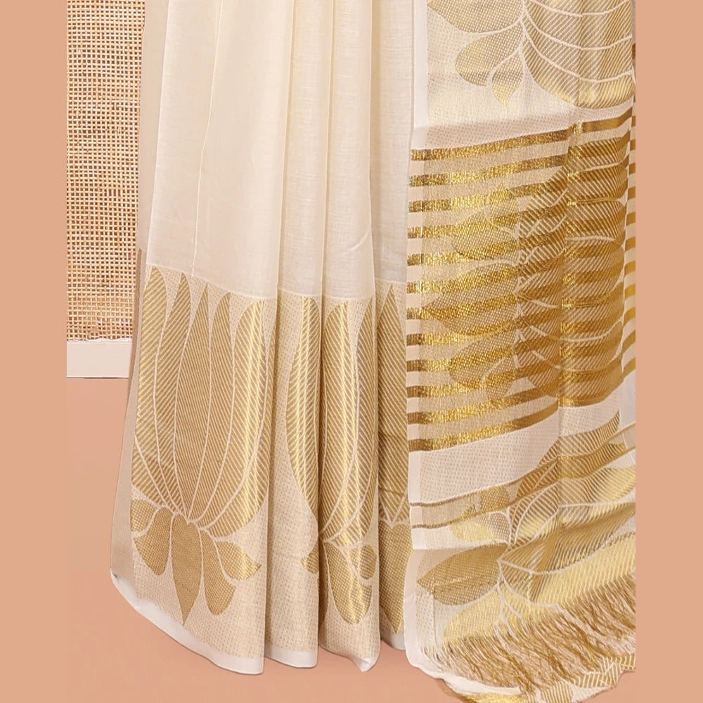 Pothys Cream Plain Kerala Cotton Saree