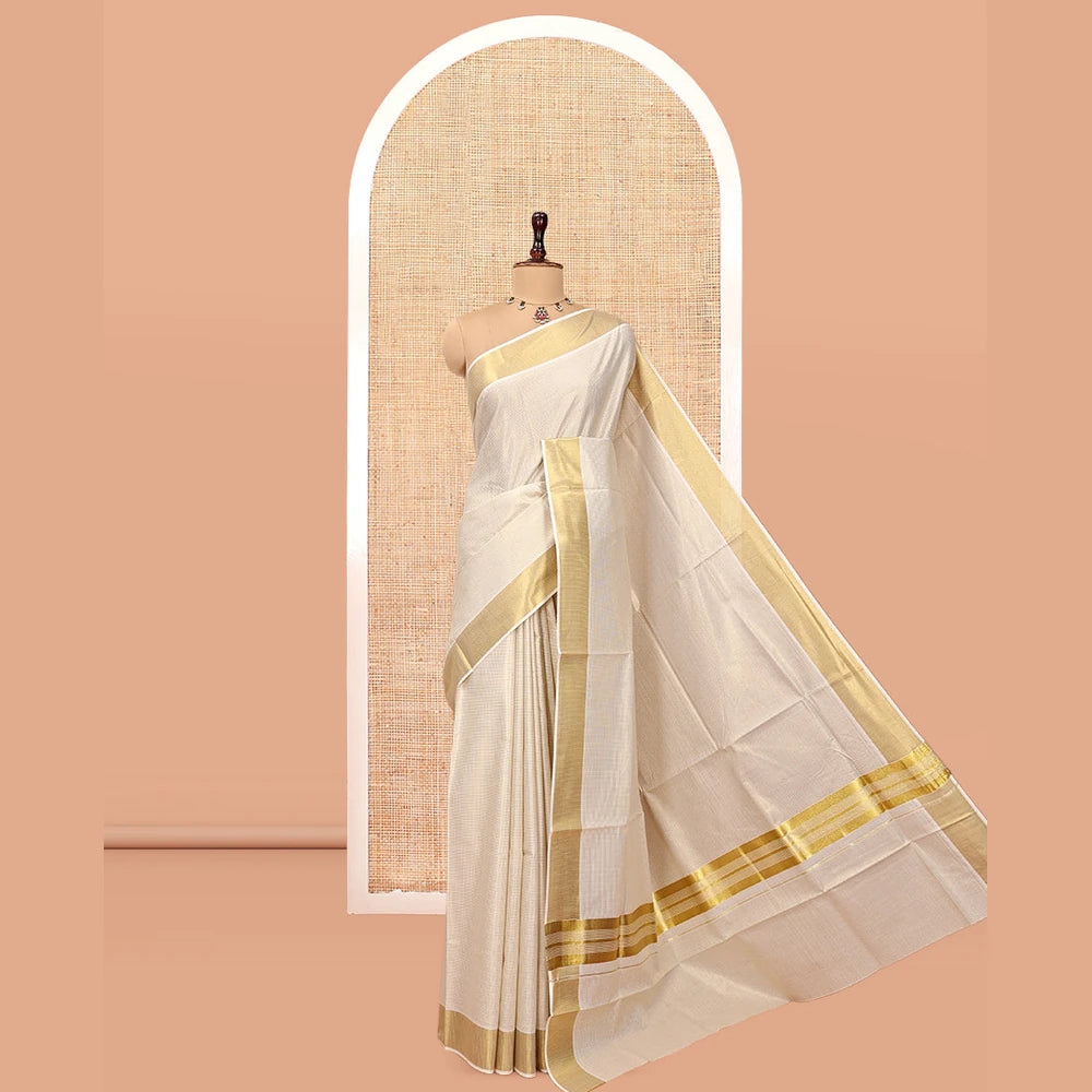 Pothys Gold Micro-Checked Kerala Cotton Saree