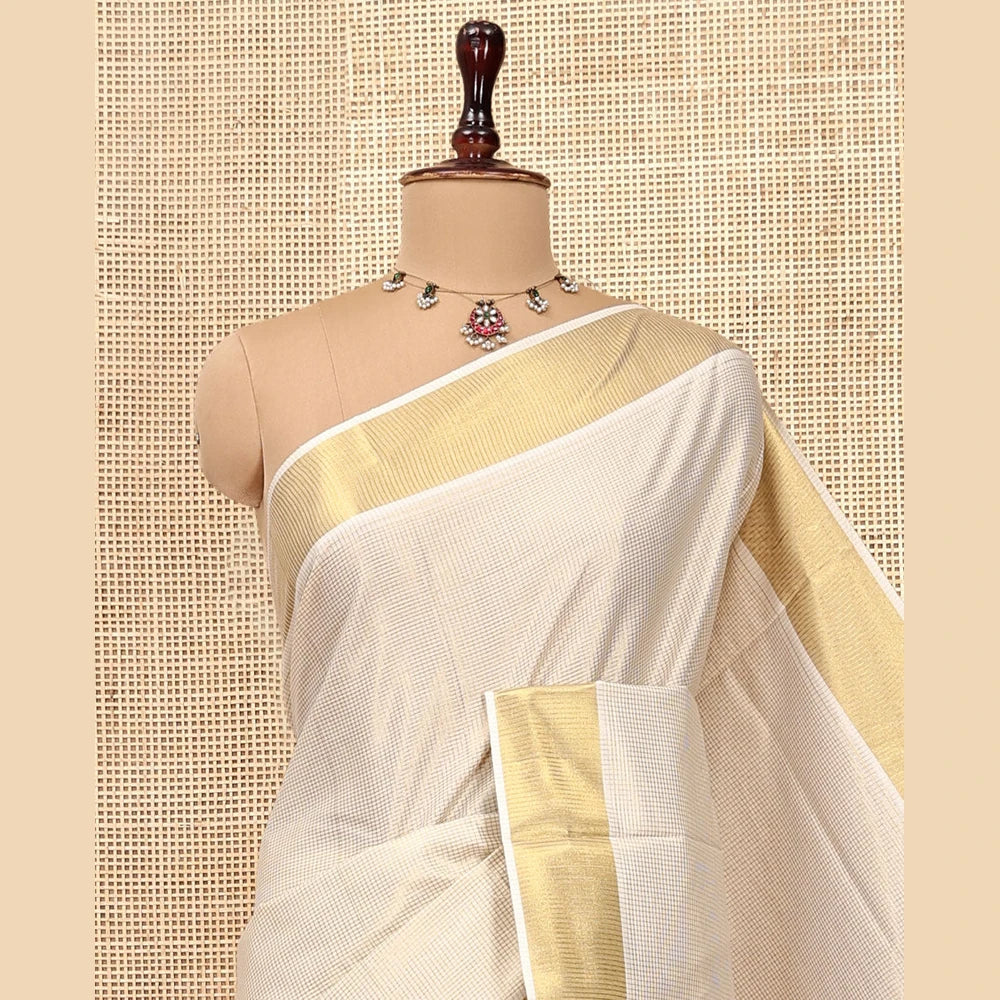 Pothys Gold Micro-Checked Kerala Cotton Saree