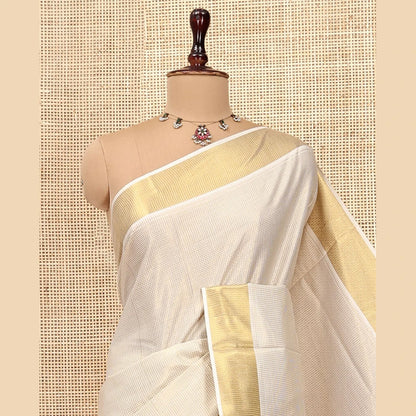 Pothys Gold Micro-Checked Kerala Cotton Saree