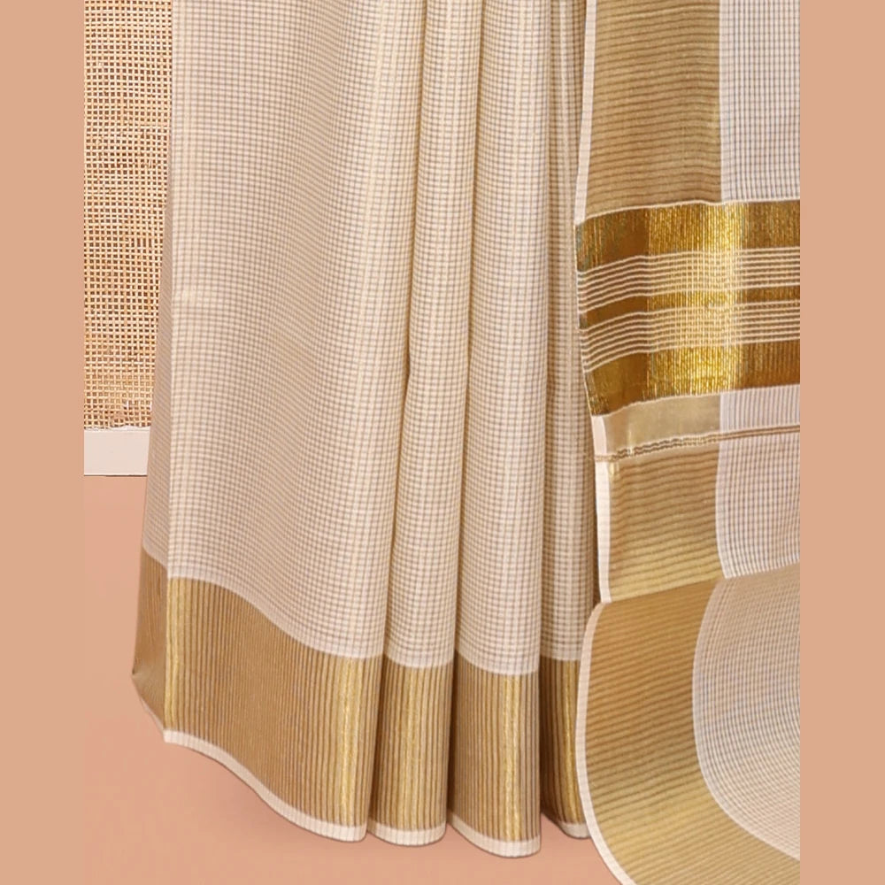 Pothys Gold Micro-Checked Kerala Cotton Saree