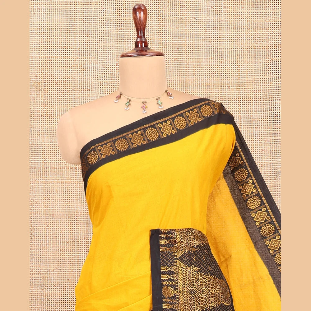Pothys Mustard Plain Sungudi Cotton Saree
