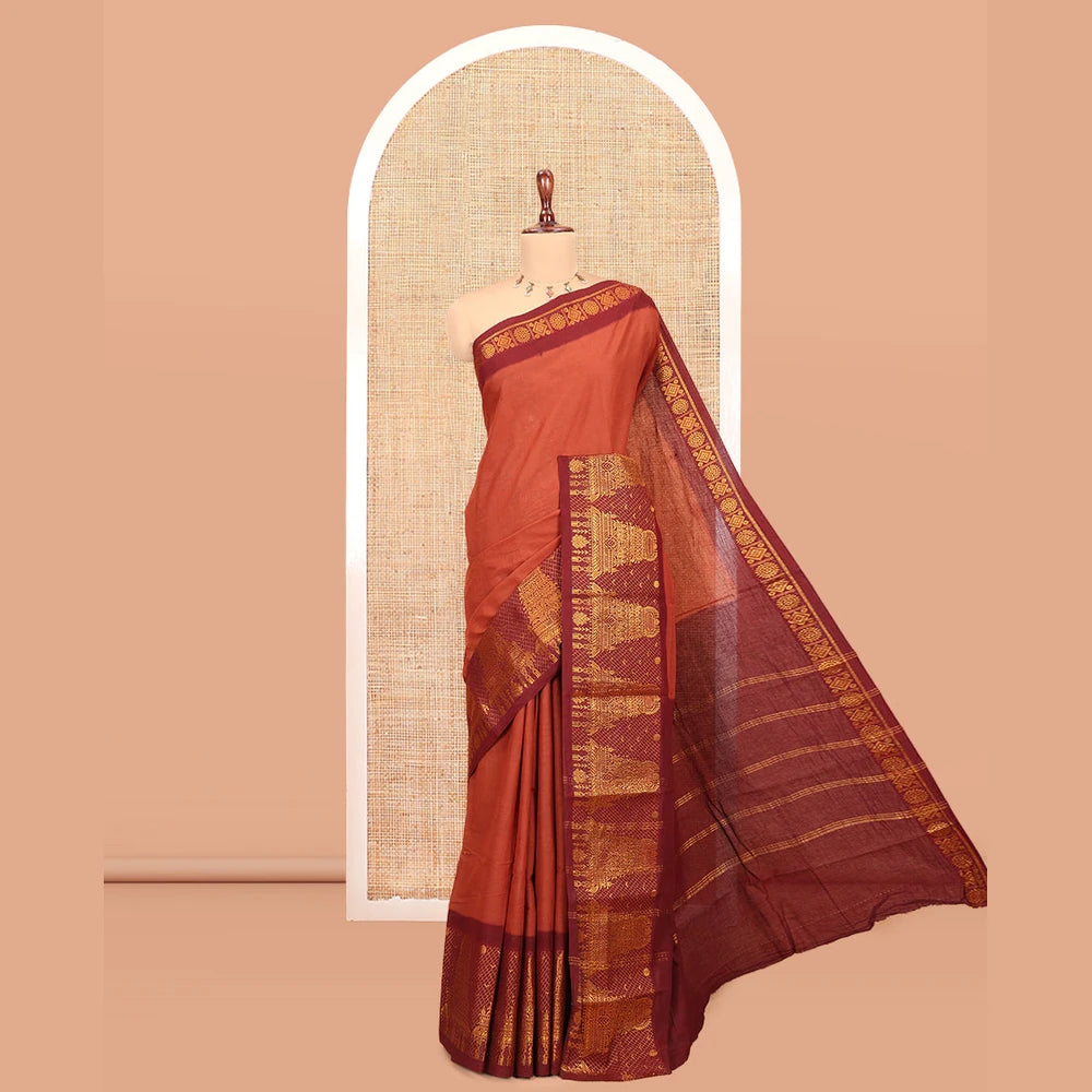 Pothys Brown Plain Sungudi Cotton Saree
