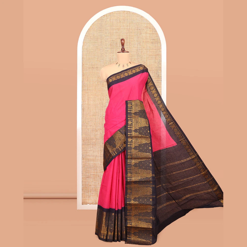 Pothys Rani Pink Plain Sungudi Cotton Saree, Complemented by a Contrast Gopuram Motif Woven Border, Zari Striped Pallu, and a Contrast Blouse