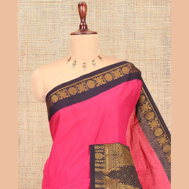Pothys Rani Pink Plain Sungudi Cotton Saree, Complemented by a Contrast Gopuram Motif Woven Border, Zari Striped Pallu, and a Contrast Blouse