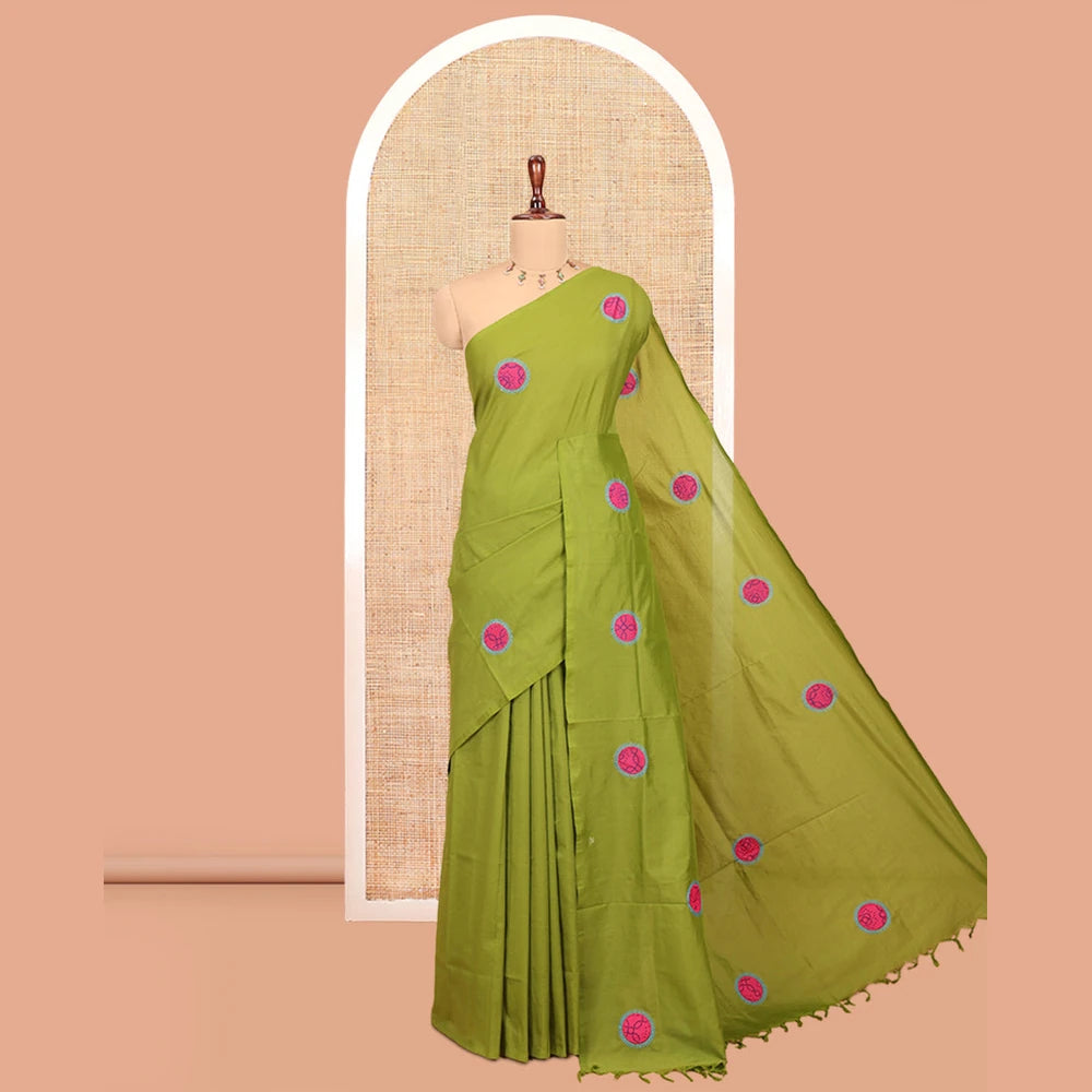 Pothys Borderless Olive Green Plain South Cotton Saree