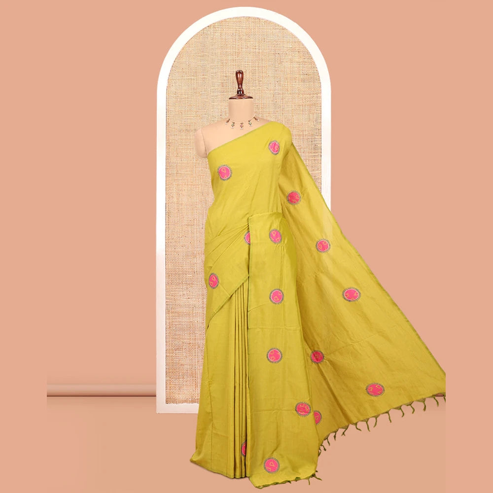 Pothys Borderless Mehendi Green Plain South Cotton Saree