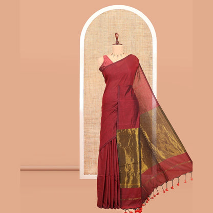 Pothys Borderless Maroon Plain Khadi Cotton Saree